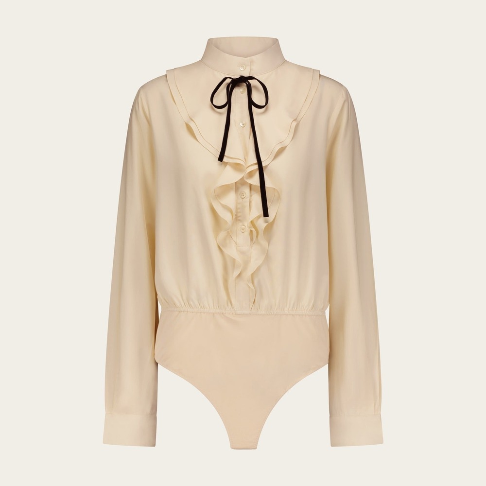 Ruffle Long Sleeve Button Front Bodysuit Cream Black Retro 70s Style Size XXL